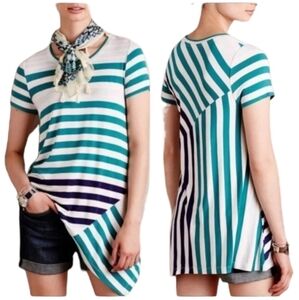 Anthropologie Little Yellow Button Asymmetric Hem Short Sleeve Stripe Tee, XS